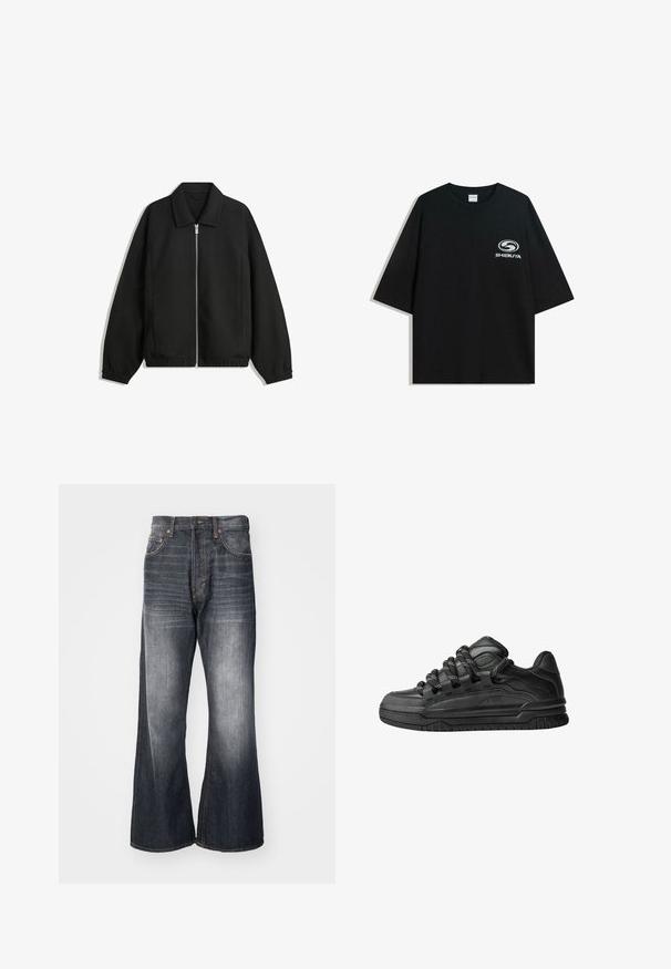 Veste noire en tissu texturé, dotée d'une fermeture éclair sur toute la longueur, d'un col et de poignets élastiques avec une coupe décontractée et des poches latérales.; T-shirt en coton noir surdimensionné avec un col rond et des manches courtes, arborant un logo "Shibuya" blanc imprimé à l'avant.; Weekday TIME LOOSE BOOTCUT - Jean droit - ash black; Baskets noires avec une tige en cuir lisse, des accents texturés et des lacets ronds noir et blanc. Semelle en caoutchouc épaisse avec un motif de semelle.