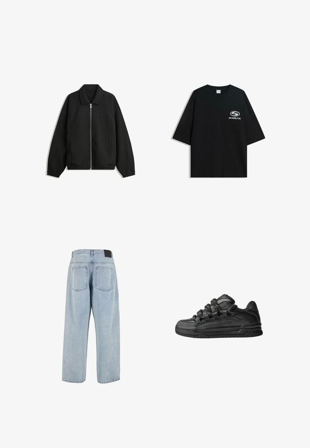 Black jacket made of textured fabric, featuring a full front zip, collar, and elastic cuffs with a relaxed fit and side pockets.; Black oversized cotton t-shirt featuring a round neckline and short sleeves, with a white "Shibuya" logo printed on the front.; Light blue, high-waisted denim jeans with a loose fit, two back pockets, and a black leather tag at the waistband. Straight leg design.; Black sneakers with a smooth leather upper, textured accents, and round black and white laces. Thick rubber sole with a patterned tread.
