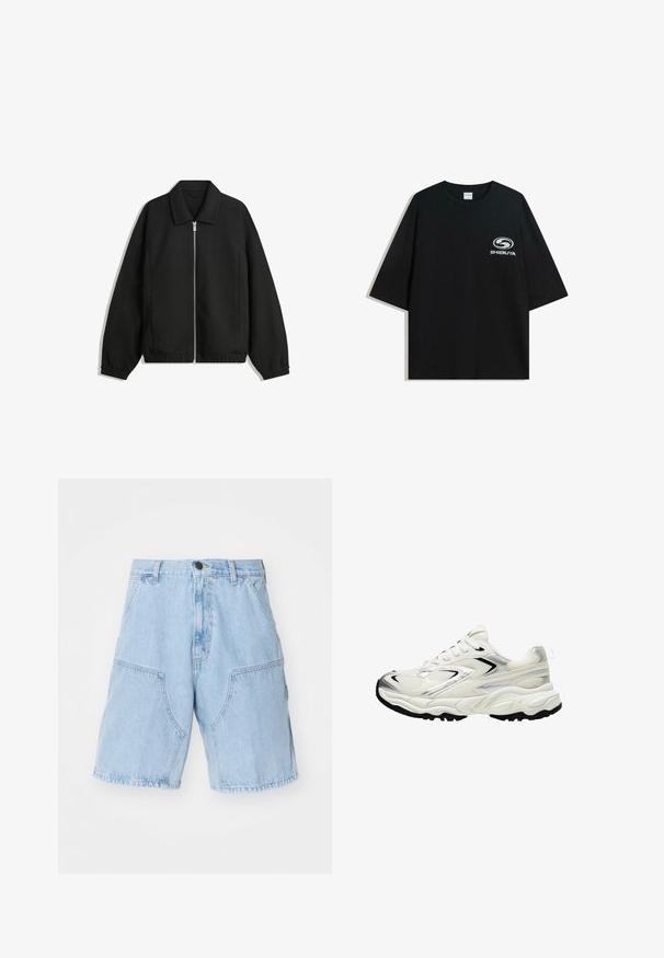 Čierna bunda vyrobená z textúrovaného materiálu, s plným predným zipsom, golierom a elastickými manžetami, so voľnejším strihom a bočnými vreckami.; Čierne oversize bavlnené tričko s okrúhlym výstrihom a krátkymi rukávmi, s bielym logom "Shibuya" potlačeným na prednej strane.; Svetlomodré džínsy šortky s voľným strihom, s dvoma veľkými prednými vreckami a zapínaním na gombík v oblasti pásu.; Biele tenisky s hornou časťou z mriežky, striebornými detailmi, čiernou podrážkou a textúrovanými panelmi. Majú šnurovací dizajn a zaoblený tvar špičky.