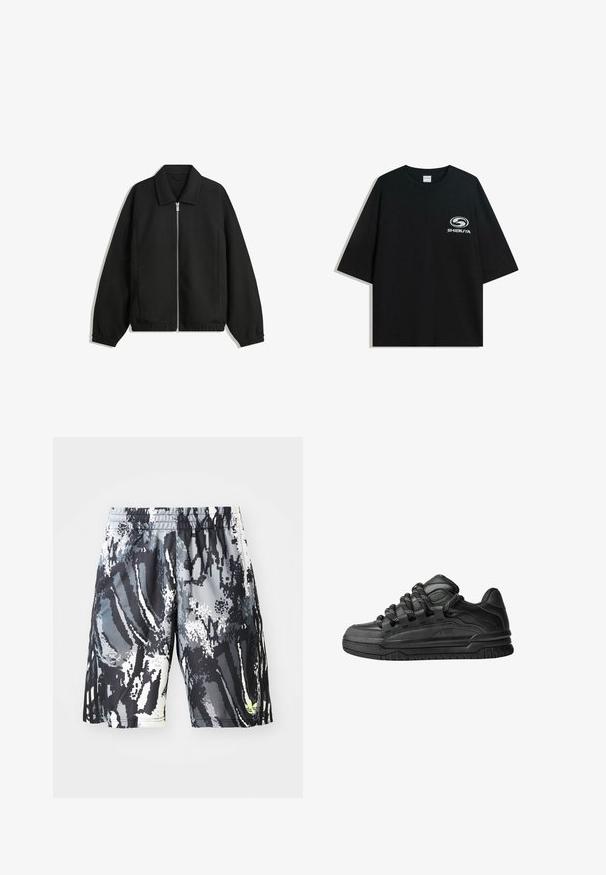 Črna jakna iz teksturirane tkanine, z dvostranskim zadrgo spredaj, ovratnikom in elastičnimi manšeti, sproščenega kroja in stranskimi žepi.; Črna prevelika bombažna majica z okroglo ovratnico in kratkimi rokavi, z belim logotipom "Shibuya" natisnjenim spredaj.; Črne in sivo vzorčaste športne kratke hlače z elastičnim pasom, ki imajo digitalno abstraktno zasnovo in majhen svetleč neonski detajl.; Črne superge z gladkim usnjenim zgornjim delom, teksturiranimi detajli in okroglimi črnimi ter belimi vezalkami. Debel gumijast podplat z vzorčastim profilom.