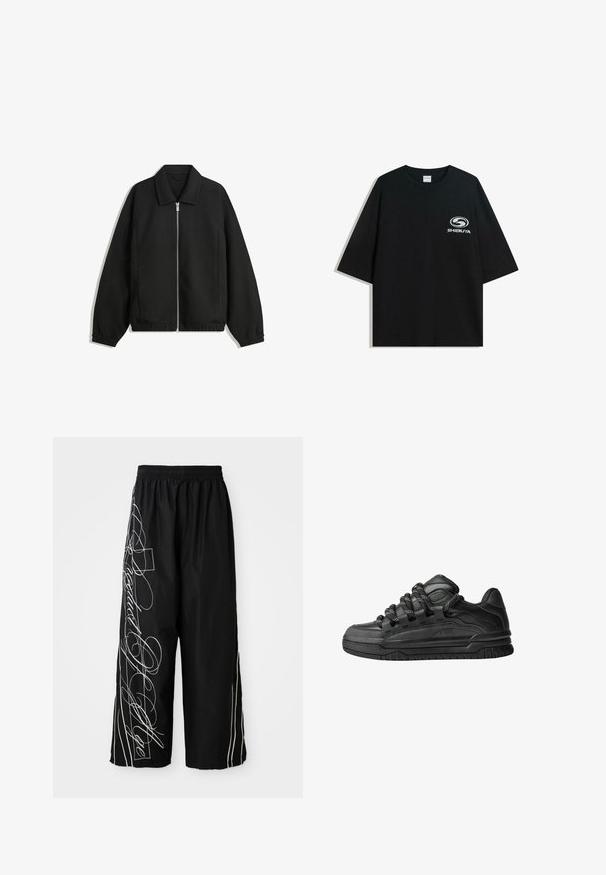 Fekete kabát texturált anyagból, teljes elöl cipzárral, gallérral és rugalmas mandzsettákkal, laza szabással és oldalsó zsebekkel.; Fekete, oversized pamut póló kerek nyakkal és rövid ujjakkal, az elején fehér "Shibuya" logóval.; Fekete, bő, rövidnadrág, könnyű anyagból készült. Fehér hímezett mintázat és díszítések futnak le az oldalán. Rugalmas derékpánt.; Fekete sportcipők sima bőrből készült felső résszel, struktúrált kiegészítőkkel, valamint kerek fekete és fehér fűzőkkel. Vastag gumitalp mintázott bordázattal.