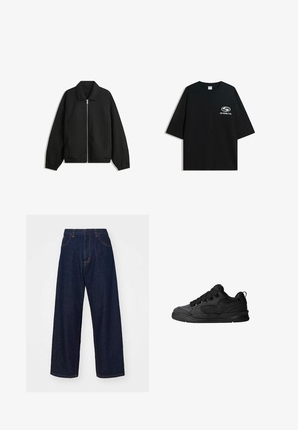 Fekete kabát texturált anyagból, teljes elöl cipzárral, gallérral és rugalmas mandzsettákkal, laza szabással és oldalsó zsebekkel.; Fekete, oversized pamut póló kerek nyakkal és rövid ujjakkal, az elején fehér "Shibuya" logóval.; Sötétkék farmer széles lábú nadrág narancssárga varrással, öt zsebbel és cipzáras záródással, lazább szabással és sima textúrával.; Fekete sportcipő texturált felsőrésszel, fűzőkkel, légáteresztő hálós részletekkel, párnázott bokarésszel és tartós talppal.