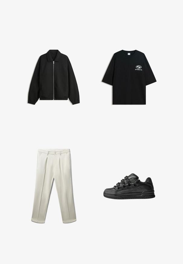 Schwarze Jacke aus strukturiertem Stoff, mit vollem Reißverschluss auf der Vorderseite, Kragen und elastischen Manschetten, im entspannten Schnitt und mit seitlichen Taschen.; Schwarzes oversized Baumwoll-T-Shirt mit Rundhalsausschnitt und kurzen Ärmeln, auf der Vorderseite mit einem weißen "Shibuya"-Logo bedruckt.; Falt-Hose aus leicht beigem Stoff, mit zwei vorderen Taschen und einem Einzelknopfverschluss, geradem Beinverlauf und glatter Textur.; Schwarze Sneakers mit einem glatten Leder-Obermaterial, strukturierten Akzenten und runden schwarz-weißen Schnürsenkeln. Dicke Gummisohle mit einem gemusterten Profil.