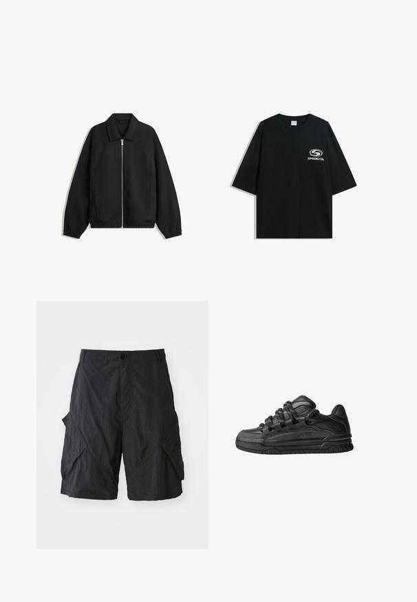 Fekete kabát texturált anyagból, teljes elöl cipzárral, gallérral és rugalmas mandzsettákkal, laza szabással és oldalsó zsebekkel.; Fekete, oversized pamut póló kerek nyakkal és rövid ujjakkal, az elején fehér "Shibuya" logóval.; Fekete cargo rövidnadrág, könnyű anyagból készült, texturált felülettel, gombos záródással és több oldalsó zsebbel.; Fekete sportcipők sima bőrből készült felső résszel, struktúrált kiegészítőkkel, valamint kerek fekete és fehér fűzőkkel. Vastag gumitalp mintázott bordázattal.