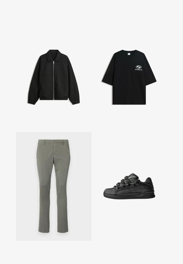Čierna bunda vyrobená z textúrovaného materiálu, s plným predným zipsom, golierom a elastickými manžetami, so voľnejším strihom a bočnými vreckami.; Čierne oversize bavlnené tričko s okrúhlym výstrihom a krátkymi rukávmi, s bielym logom "Shibuya" potlačeným na prednej strane.; Sivé chinos s rovnou nohou, obsahujúce dve bočné vrecká a čistý pás. Vyrobené z hladkej, ľahkej látky.; Čierne tenisky s hladkým koženým zvrškom, štruktúrovanými akcentami a okrúhlymi čierno-bielymi šnúrkami. Hrubá gumená podrážka s vzorovaným dezénom.