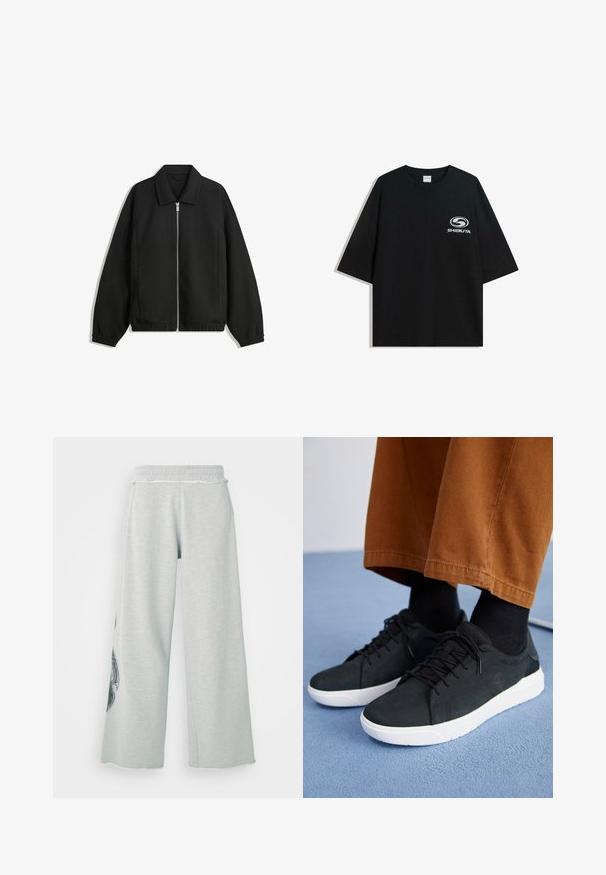 Musta takki, joka on valmistettu teksturoidusta kankaasta ja jossa on koko etuvetoketju, kaulus ja joustavat hihansuut. Takissa on rento istuvuus ja sivutaskut.; Mustat ylipitkät puuvillapaidat, joissa on pyöreä kaula-aukko ja lyhyet hihat, etuosassa valkoinen "Shibuya" -logo.; Valkoiset leveät collegehousut, jotka on valmistettu pehmeästä puuvillasekoitteesta. Niissä on sivutaskut ja koristeellinen musta graafinen kuvio vasemmassa lahkeessa.; Musta mokkanahkakengät valkoisilla kumipohjilla, joissa on nauhakiinnitys, teksturoituja yksityiskohtia ja huomaamatonta brändäystä, yhdistettynä ruskeisiin housuihin.