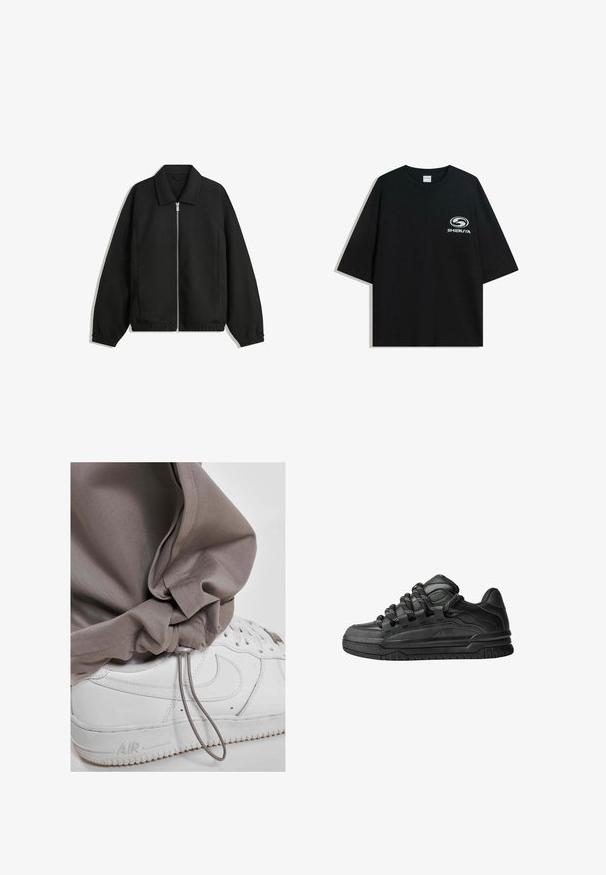 Musta takki, joka on valmistettu teksturoidusta kankaasta ja jossa on koko etuvetoketju, kaulus ja joustavat hihansuut. Takissa on rento istuvuus ja sivutaskut.; Mustat ylipitkät puuvillapaidat, joissa on pyöreä kaula-aukko ja lyhyet hihat, etuosassa valkoinen "Shibuya" -logo.; Vaaleanharmaat jogger-housut narukiristimillä, yhdistettynä valkoisiin lenkkareihin, joissa on teksturoitu pohja ja erottuva logoyksityiskohta.; Mustat tennarit, joissa on sileä nahkapinta, teksturoituja yksityiskohtia ja pyöreät musta-valkoiset nauhat. Paksu kumipohja, jossa on kuvioitu pinta.