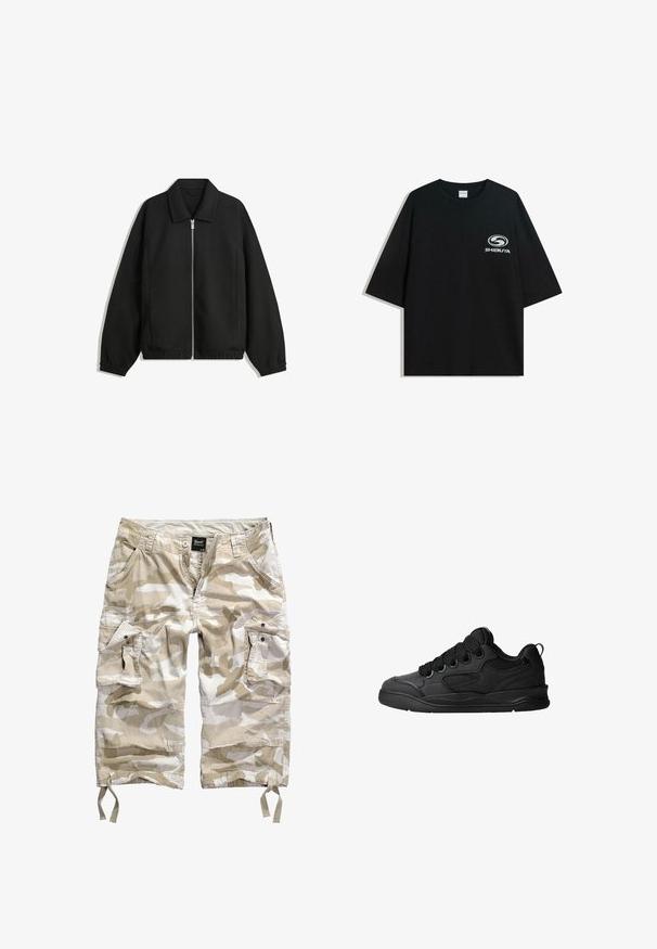 Čierna bunda vyrobená z textúrovaného materiálu, s plným predným zipsom, golierom a elastickými manžetami, so voľnejším strihom a bočnými vreckami.; Čierne oversize bavlnené tričko s okrúhlym výstrihom a krátkymi rukávmi, s bielym logom "Shibuya" potlačeným na prednej strane.; Bežové maskáčové cargo šortky s viacerými vreckami, zapínaním na gombík a šnúrkami na leme, vyrobené z ľahkej a odolnej tkaniny.; Čierne tenisky s textúrovaným zvrškom, s šnúrkami, sieťovinovými akcentmi pre priedušnosť, polstrovaným golierom a pevnou podošvou.