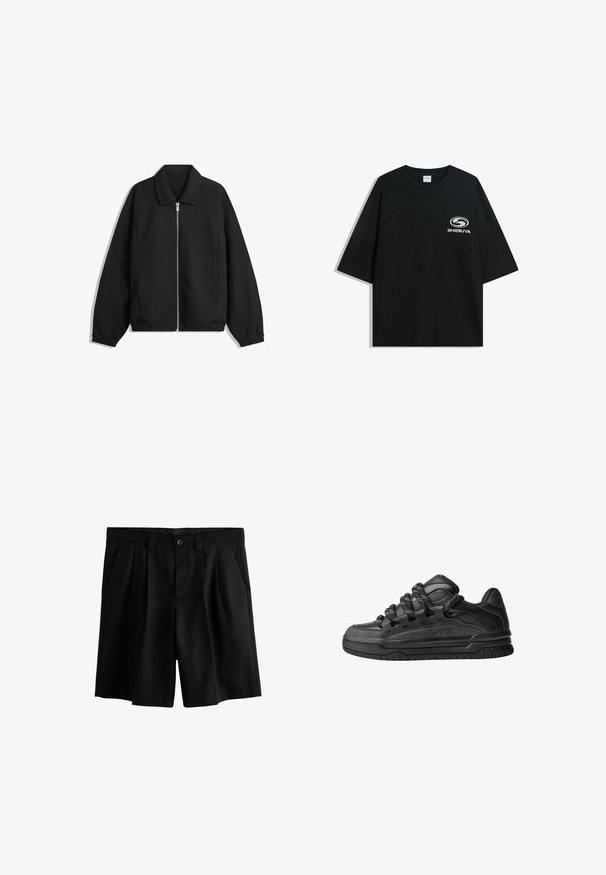 Fekete kabát texturált anyagból, teljes elöl cipzárral, gallérral és rugalmas mandzsettákkal, laza szabással és oldalsó zsebekkel.; Fekete, oversized pamut póló kerek nyakkal és rövid ujjakkal, az elején fehér "Shibuya" logóval.; Fekete rövidnadrág, plisszézett dizájnnal, gombos záródással és sima textúrával. A derékrész övhurkokkal rendelkezik a még stílusosabb megjelenés érdekében.; Fekete sportcipők sima bőrből készült felső résszel, struktúrált kiegészítőkkel, valamint kerek fekete és fehér fűzőkkel. Vastag gumitalp mintázott bordázattal.