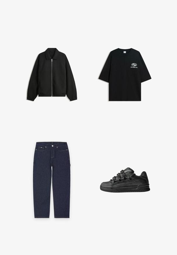 Veste noire en tissu texturé, dotée d'une fermeture éclair sur toute la longueur, d'un col et de poignets élastiques avec une coupe décontractée et des poches latérales.; T-shirt en coton noir surdimensionné avec un col rond et des manches courtes, arborant un logo "Shibuya" blanc imprimé à l'avant.; Pantalon cargo en denim bleu foncé avec une coupe droite, présentant des coutures jaunes visibles, des poches avant et latérales, et une fermeture à bouton en métal.; Baskets noires avec une tige en cuir lisse, des accents texturés et des lacets ronds noir et blanc. Semelle en caoutchouc épaisse avec un motif de semelle.
