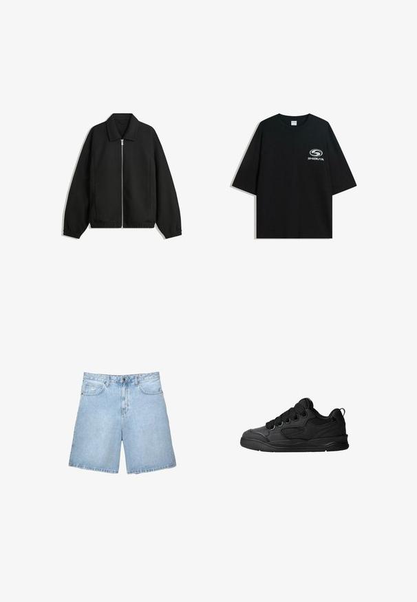 Črna jakna iz teksturirane tkanine, z dvostranskim zadrgo spredaj, ovratnikom in elastičnimi manšeti, sproščenega kroja in stranskimi žepi.; Črna prevelika bombažna majica z okroglo ovratnico in kratkimi rokavi, z belim logotipom "Shibuya" natisnjenim spredaj.; Svetlo modri jeans kratki hlače z ohlapnim krojem, petimi žepi in zapiranjem na gumb in zadrgo. Imajo šivano obdelavo in običajen pas.; Črne superge z teksturiranim zgornjim delom, opremljene z vezalkami, mrežastimi dodatki za zračnost, oblazinjenim ovratnikom in trdnim podplatom.