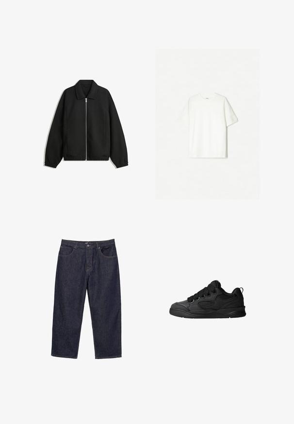 Musta takki, joka on valmistettu teksturoidusta kankaasta ja jossa on koko etuvetoketju, kaulus ja joustavat hihansuut. Takissa on rento istuvuus ja sivutaskut.; Valkoinen lyhythihainen t-paita, joka on valmistettu pehmeästä puuvillasta. Pyöreä kaula-aukko ja rento istuvuus ilman näkyviä logoja tai kuvioita.; Tummansiniset suorat farkut etuosan napilla ja vetoketjulla, joissa on viisi taskua, esitelty valkoista taustaa vasten.; Mustat tennarit, joissa on teksturoitu päällyspinta, nauhat, verkkokohdat hengittävyyttä varten, pehmeä kaulus ja kestävä pohja.