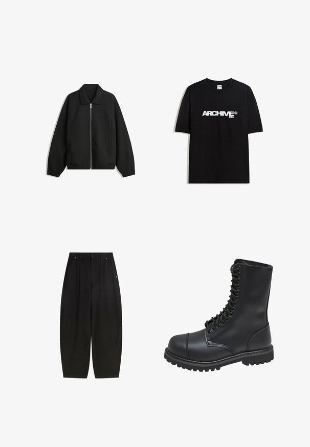 Giacca nera in tessuto texturizzato, con zip frontale a tutta lunghezza, colletto e polsini elasticizzati, dalla vestibilità rilassata e con tasche laterali.; T-shirt in cotone nero con il logo bianco "ARCHIVE inc." stampato sul petto, maniche corte e colletto a girocollo.; Pantaloni neri a gamba larga con tasche anteriori, design plissettato e finitura pulita. Realizzati in tessuto testurizzato con chiusura a bottone.; Stivale da combattimento in pelle nera con gambale alto, chiusura con lacci, colletto imbottito e suola texturizzata e robusta per una presa sicura. Presenta una punta rinforzata.