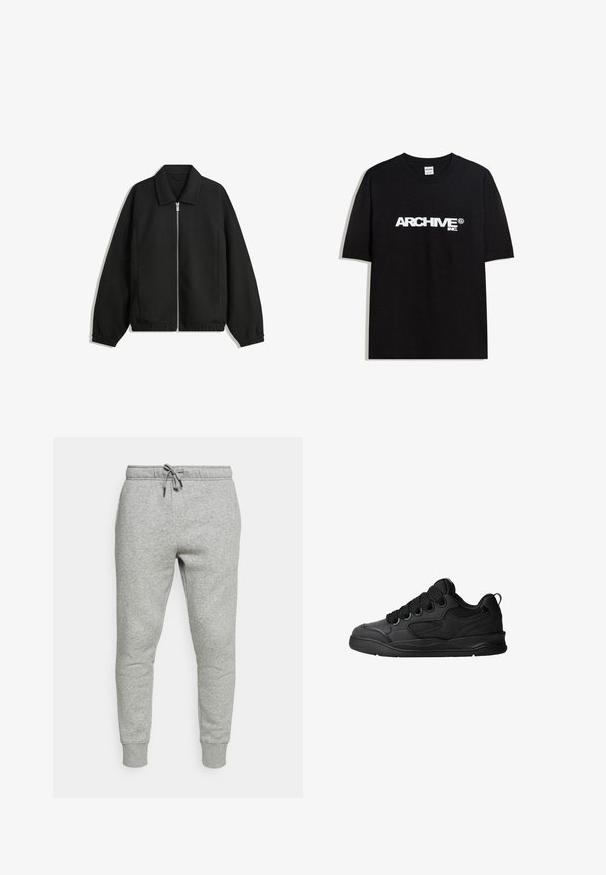 Črna jakna iz teksturirane tkanine, z dvostranskim zadrgo spredaj, ovratnikom in elastičnimi manšeti, sproščenega kroja in stranskimi žepi.; Črna bombažna majica s kratkimi rokavi z belim logotipom "ARCHIVE inc." čez prsa in okroglo ovratnikom.; Sive hlače za jogger made of mehkega bombažnega blenda, z elastičnim pasom in vrvico za zategovanje ter rebrastimi manšeti na gležnjih.; Črne superge z teksturiranim zgornjim delom, opremljene z vezalkami, mrežastimi dodatki za zračnost, oblazinjenim ovratnikom in trdnim podplatom.