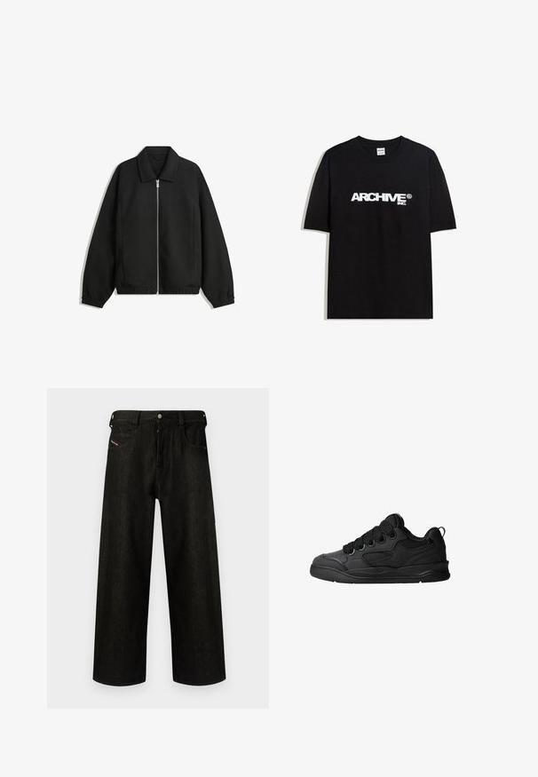 Zwarte jas van textuurstof, met een volledige rits aan de voorkant, een kraag, elastische manchetten, een ontspannen pasvorm en zijzakken.; Zwarte katoen T-shirt met een witte "ARCHIVE inc." logo over de borst, korte mouwen en een ronde hals.; Zwarte wijde spijkerbroek van denim, met een ritssluiting, vijf zakken en subtiele branding op de voorzak. Duurzame en gestructureerde stof.; Zwarte sneakers met een gestructureerde bovenkant, voorzien van veters, mesh-details voor ademend vermogen, een gevoerd kraagje en een stevige zool.