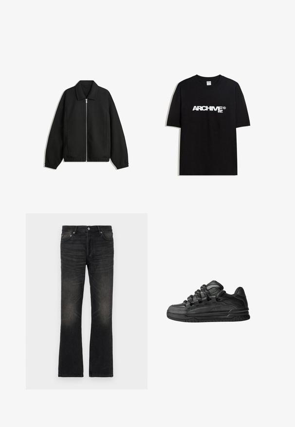 Veste noire en tissu texturé, dotée d'une fermeture éclair sur toute la longueur, d'un col et de poignets élastiques avec une coupe décontractée et des poches latérales.; T-shirt en coton noir avec un logo blanc "ARCHIVE inc." sur la poitrine, manches courtes et col rond.; Jeans en denim noir évasés avec une finition délavée, cinq poches et quincaillerie argentée. Dotés d'une taille classique et d'un tissu légèrement texturé.; Baskets noires avec une tige en cuir lisse, des accents texturés et des lacets ronds noir et blanc. Semelle en caoutchouc épaisse avec un motif de semelle.