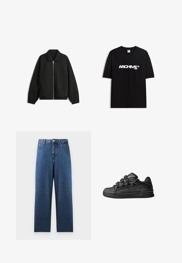 Black jacket made of textured fabric, featuring a full front zip, collar, and elastic cuffs with a relaxed fit and side pockets.; Black cotton T-shirt featuring a white "ARCHIVE inc." logo across the chest, short sleeves, and a crew neckline.; Blue denim jeans with a straight fit, high waist, and two front pockets. Features classic stitch detailing and a button closure.; Black sneakers with a smooth leather upper, textured accents, and round black and white laces. Thick rubber sole with a patterned tread.