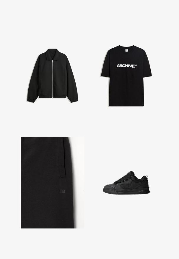 Sort jakke lavet af struktureret stof, med fuld frontlynlås, krave og elastiske mansjetter, i en afslappet pasform og sidelommer.; Sort bomulds T-shirt med et hvidt "ARCHIVE inc." logo over brystet, korte ærmer og rund halsudskæring.; Sorte sweatpants lavet af blødt stof, med en sidelomme og et lille prægede logo. Lige pasform med en glat tekstur.; Sorte sneakers med en struktureret overdel, som har snørebånd, meshdetaljer for åndbarhed, polstret krave og en robust ydersål.