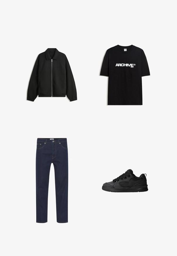 Fekete kabát texturált anyagból, teljes elöl cipzárral, gallérral és rugalmas mandzsettákkal, laza szabással és oldalsó zsebekkel.; Fekete pamut póló, fehér "ARCHIVE inc." logóval a mellkasán, rövid ujjakkal és kerek nyakkivágással.; Sötétkék farmernadrág egyenes szabással, világos varrással, öt zsebbel és gombos derékkal. Simább textúra.; Fekete sportcipő texturált felsőrésszel, fűzőkkel, légáteresztő hálós részletekkel, párnázott bokarésszel és tartós talppal.