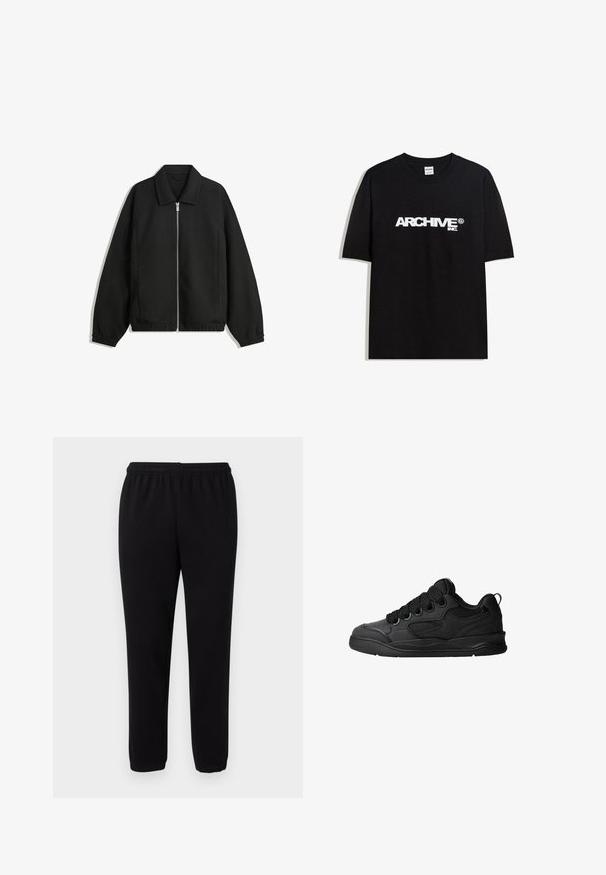 Musta takki, joka on valmistettu teksturoidusta kankaasta ja jossa on koko etuvetoketju, kaulus ja joustavat hihansuut. Takissa on rento istuvuus ja sivutaskut.; Musta puuvillainen T-paita, jossa on valkoinen "ARCHIVE inc." -logo rinnassa, lyhyet hihat ja pyöreä kaula-auko.; Mustat rentoja collegeshousut, joissa on joustava vyötärö ja nilkkakumit, esillä yksinkertaisen valkoisen taustan edessä.; Mustat tennarit, joissa on teksturoitu päällyspinta, nauhat, verkkokohdat hengittävyyttä varten, pehmeä kaulus ja kestävä pohja.