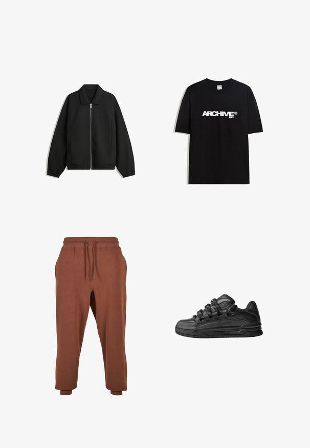 Schwarze Jacke aus strukturiertem Stoff, mit vollem Reißverschluss auf der Vorderseite, Kragen und elastischen Manschetten, im entspannten Schnitt und mit seitlichen Taschen.; Schwarzes Baumwoll-T-Shirt mit einem weißen "ARCHIVE inc." Logo auf der Brust, kurzen Ärmeln und einem Rundhalsausschnitt.; Urban Classics Jogginghose - bark; Schwarze Sneakers mit einem glatten Leder-Obermaterial, strukturierten Akzenten und runden schwarz-weißen Schnürsenkeln. Dicke Gummisohle mit einem gemusterten Profil.