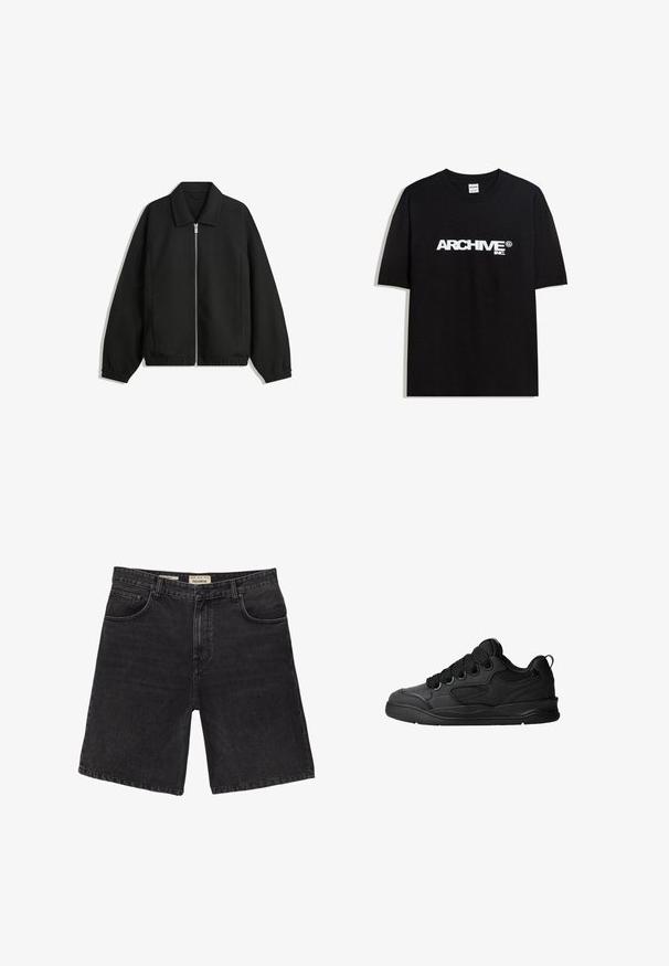 Schwarze Jacke aus strukturiertem Stoff, mit vollem Reißverschluss auf der Vorderseite, Kragen und elastischen Manschetten, im entspannten Schnitt und mit seitlichen Taschen.; Schwarzes Baumwoll-T-Shirt mit einem weißen "ARCHIVE inc." Logo auf der Brust, kurzen Ärmeln und einem Rundhalsausschnitt.; Schwarze Denim-Shorts mit klassischem Schnitt, ausgestattet mit fünf Taschen und einem Knopfverschluss. Texturiert, mit sauberen Abschlüssen und geradem Saum.; Schwarze Sneaker mit strukturiertem Obermaterial, ausgestattet mit Schnürsenkeln, Mesh-Akzenten für Atmungsaktivität, gepolstertem Kragen und einer stabilen Laufsohle.