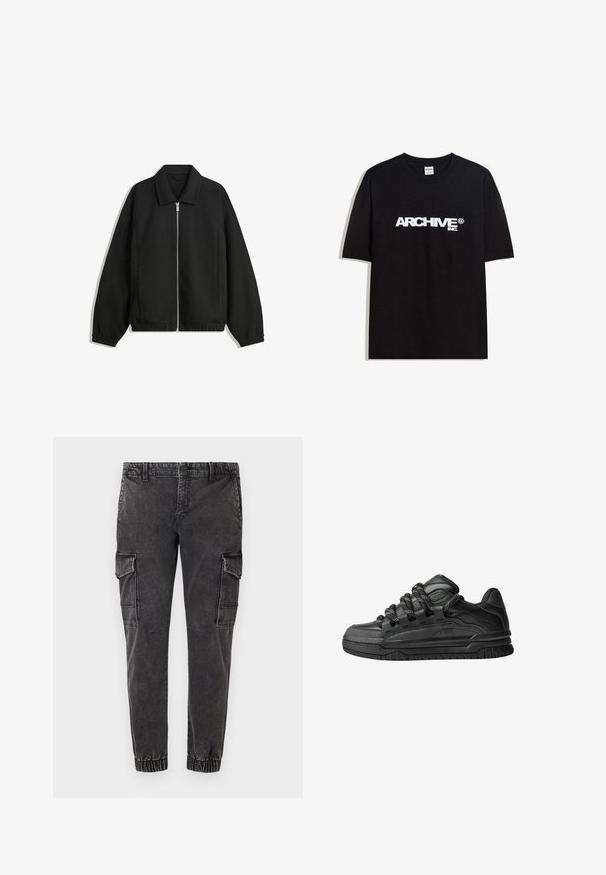 Fekete kabát texturált anyagból, teljes elöl cipzárral, gallérral és rugalmas mandzsettákkal, laza szabással és oldalsó zsebekkel.; Fekete pamut póló, fehér "ARCHIVE inc." logóval a mellkasán, rövid ujjakkal és kerek nyakkivágással.; Fekete cargo nadrág, elasztikus szegéllyel, nagy oldalsó zsebekkel, laza szabással és enyhén kopott, texturált farmer anyagból.; Fekete sportcipők sima bőrből készült felső résszel, struktúrált kiegészítőkkel, valamint kerek fekete és fehér fűzőkkel. Vastag gumitalp mintázott bordázattal.