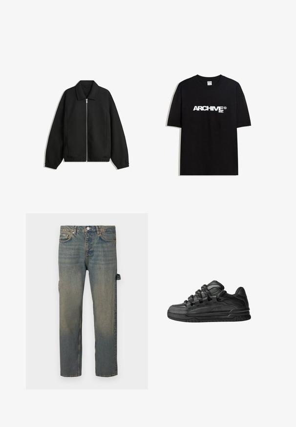 Zwarte jas van textuurstof, met een volledige rits aan de voorkant, een kraag, elastische manchetten, een ontspannen pasvorm en zijzakken.; Zwarte katoen T-shirt met een witte "ARCHIVE inc." logo over de borst, korte mouwen en een ronde hals.; Leren jeans in lichtblauw met een vervaagd effect, rechte pijpen, vijf zakken en riemlussen. Beschikt over een zijsnor detail.; Zwarte sneakers met een glad leren bovenwerk, gearceerde accenten en ronde zwart-witte veters. Dikke rubberen zool met een geprofileerd loopvlak.