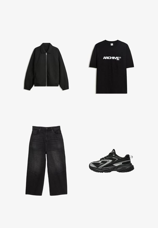 Giacca nera in tessuto texturizzato, con zip frontale a tutta lunghezza, colletto e polsini elasticizzati, dalla vestibilità rilassata e con tasche laterali.; T-shirt in cotone nero con il logo bianco "ARCHIVE inc." stampato sul petto, maniche corte e colletto a girocollo.; I pantaloni a gamba larga in denim nero presentano una vita alta, cinque tasche, leggera scoloritura e dettagli cuciti sulle cosce esterne.; Sneaker sportivo nero e argento con una parte superiore in mesh testurizzato, design slanciato e suola ammortizzata. Dotato di lacci e un pratico tassello posteriore.
