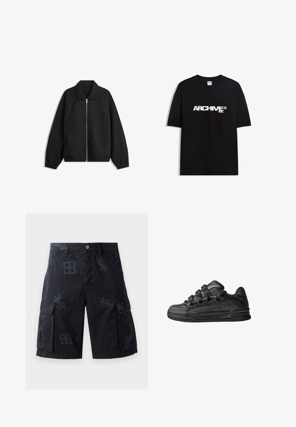 Fekete kabát texturált anyagból, teljes elöl cipzárral, gallérral és rugalmas mandzsettákkal, laza szabással és oldalsó zsebekkel.; Fekete pamut póló, fehér "ARCHIVE inc." logóval a mellkasán, rövid ujjakkal és kerek nyakkivágással.; Fekete cargo sort, amely két oldalsó zsebet, gombos záródást és tónusban harmonizáló grafikákat tartalmaz. Texturált anyagból készült.; Fekete sportcipők sima bőrből készült felső résszel, struktúrált kiegészítőkkel, valamint kerek fekete és fehér fűzőkkel. Vastag gumitalp mintázott bordázattal.