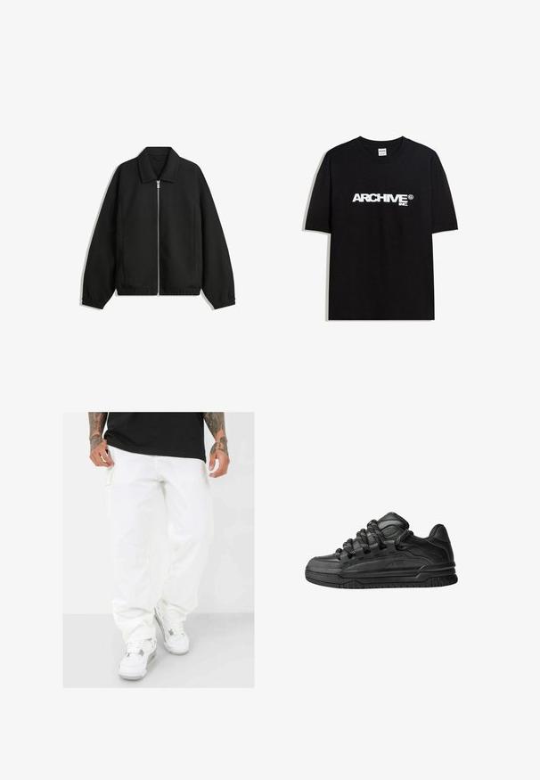 Schwarze Jacke aus strukturiertem Stoff, mit vollem Reißverschluss auf der Vorderseite, Kragen und elastischen Manschetten, im entspannten Schnitt und mit seitlichen Taschen.; Schwarzes Baumwoll-T-Shirt mit einem weißen "ARCHIVE inc." Logo auf der Brust, kurzen Ärmeln und einem Rundhalsausschnitt.; Weiße Cargo-Hosen aus Baumwolle mit entspannter Passform, Seitentaschen und umgeschlagenen Säumen, kombiniert mit weißen Sneakers und einem schwarzen Shirt.; Schwarze Sneakers mit einem glatten Leder-Obermaterial, strukturierten Akzenten und runden schwarz-weißen Schnürsenkeln. Dicke Gummisohle mit einem gemusterten Profil.