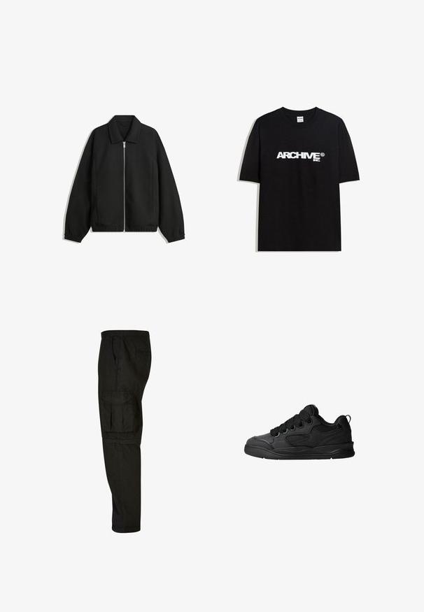 Fekete kabát texturált anyagból, teljes elöl cipzárral, gallérral és rugalmas mandzsettákkal, laza szabással és oldalsó zsebekkel.; Fekete pamut póló, fehér "ARCHIVE inc." logóval a mellkasán, rövid ujjakkal és kerek nyakkivágással.; Fekete cargo nadrág, laza szabással, rugalmas derékkal, oldalsó zsebekkel és egy nagy cargo zsebbel a combon. Puha, könnyű anyag.; Fekete sportcipő texturált felsőrésszel, fűzőkkel, légáteresztő hálós részletekkel, párnázott bokarésszel és tartós talppal.