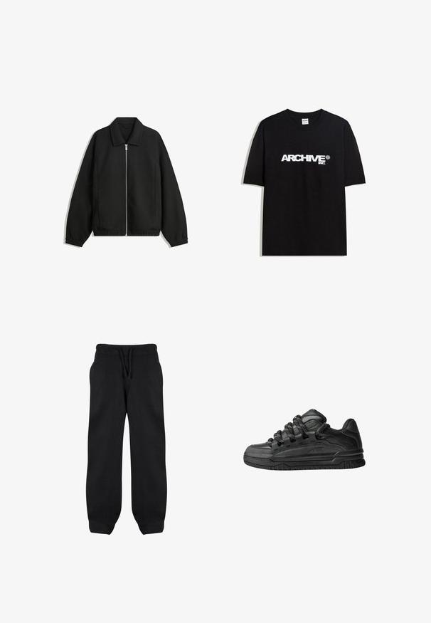 Schwarze Jacke aus strukturiertem Stoff, mit vollem Reißverschluss auf der Vorderseite, Kragen und elastischen Manschetten, im entspannten Schnitt und mit seitlichen Taschen.; Schwarzes Baumwoll-T-Shirt mit einem weißen "ARCHIVE inc." Logo auf der Brust, kurzen Ärmeln und einem Rundhalsausschnitt.; Schwarze Sweatpants mit elastischem Bund, Kordelzug und Seitentaschen. Hergestellt aus einem weichen Stoff mit lockerer Passform und Bündchen an den Knöcheln.; Schwarze Sneakers mit einem glatten Leder-Obermaterial, strukturierten Akzenten und runden schwarz-weißen Schnürsenkeln. Dicke Gummisohle mit einem gemusterten Profil.