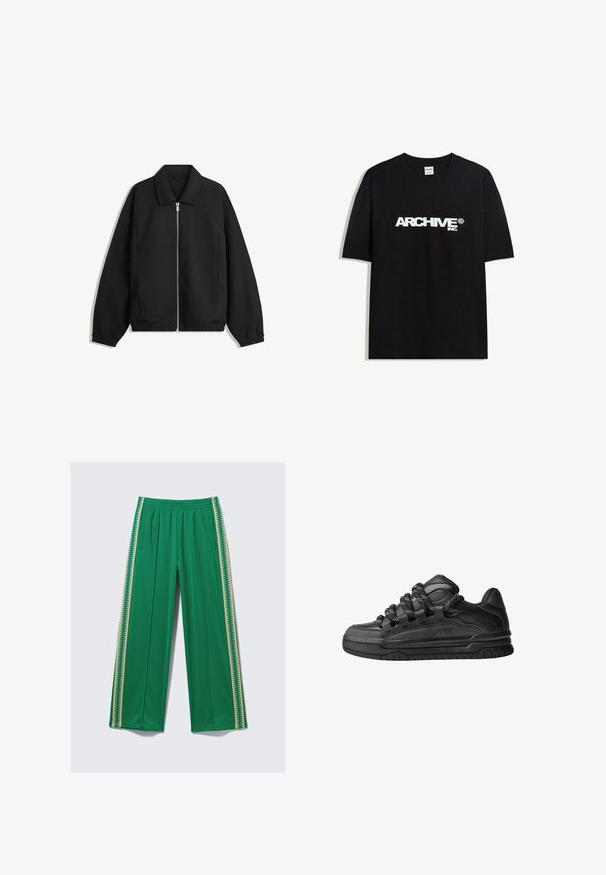 Fekete kabát texturált anyagból, teljes elöl cipzárral, gallérral és rugalmas mandzsettákkal, laza szabással és oldalsó zsebekkel.; Fekete pamut póló, fehér "ARCHIVE inc." logóval a mellkasán, rövid ujjakkal és kerek nyakkivágással.; Zöld tréningnadrág bézs cikk-cakk csíkkal mindkét oldalon, rugalmas derékrésszel és oldalsó zsebekkel, sík felületen, világos háttérrel.; Fekete sportcipők sima bőrből készült felső résszel, struktúrált kiegészítőkkel, valamint kerek fekete és fehér fűzőkkel. Vastag gumitalp mintázott bordázattal.