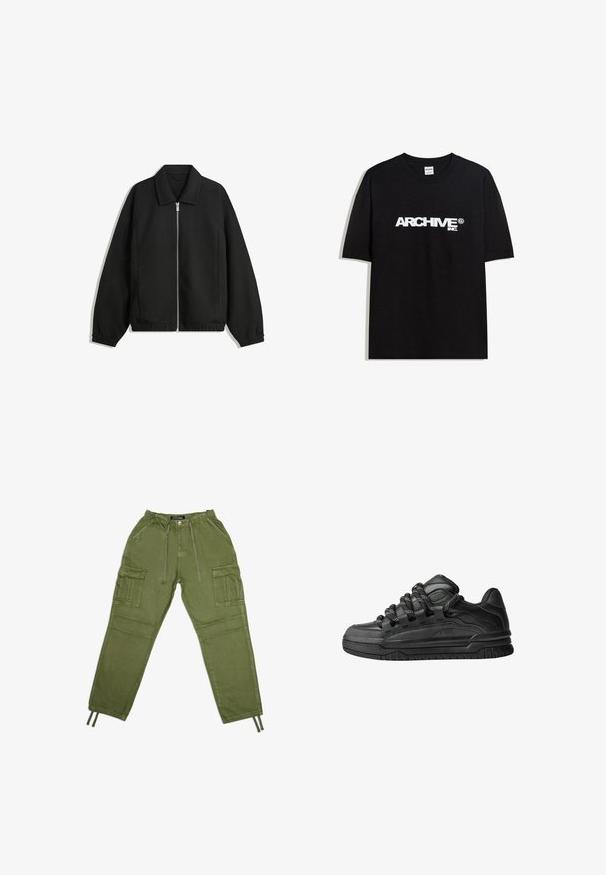 Čierna bunda vyrobená z textúrovaného materiálu, s plným predným zipsom, golierom a elastickými manžetami, so voľnejším strihom a bočnými vreckami.; Čierne bavlnené tričko s krátkymi rukávmi a okrúhlym výstrihom, s bielym logom "ARCHIVE inc." na hrudi.; Olivové cargo nohavice vyrobené z ľahkého materiálu, so širokým elastickým pásom, šnúrkami na stiahnutie a viacerými bočnými vreckami.; Čierne tenisky s hladkým koženým zvrškom, štruktúrovanými akcentami a okrúhlymi čierno-bielymi šnúrkami. Hrubá gumená podrážka s vzorovaným dezénom.