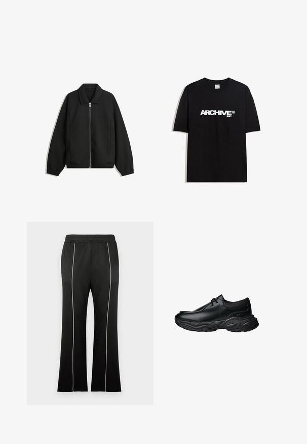Črna jakna iz teksturirane tkanine, z dvostranskim zadrgo spredaj, ovratnikom in elastičnimi manšeti, sproščenega kroja in stranskimi žepi.; Črna bombažna majica s kratkimi rokavi z belim logotipom "ARCHIVE inc." čez prsa in okroglo ovratnikom.; Črne športne hlače z oprijetim pasom, z belimi stranskimi črtami in razširjenim krojem hlačnic. Narejene iz mehke, raztegljive tkanine.; Črne usnjene čevlje za enostavno obuvanje z zaobljenim nosom in debelim strukturiranim gumijastim podplatom. Imajo diskretne šive in elastične dodatke na ovratniku.