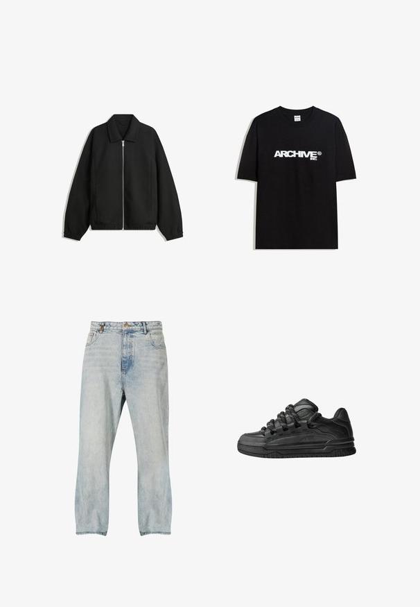 Czarna kurtka z teksturowanej tkaniny, z pełnym zamkiem z przodu, kołnierzem i elastycznymi mankietami, o luźnym kroju i kieszeniach po bokach.; Czarny bawełniany T-shirt z białym logo "ARCHIVE inc." na piersi, z krótkimi rękawami i okrągłym dekoltem.; Jasnoniebieskie dżinsy o luźnym kroju, z wysokim stanem, kontrastowym przeszyciem i pięcioma kieszeniami. Gładka tekstura z wyblakłymi akcentami.; Czarne sneakersy z gładką skórzaną cholewką, teksturowanymi akcentami i okrągłymi czarno-białymi sznurowadłami. Gruba gumowa podeszwa z wzorzystym bieżnikiem.