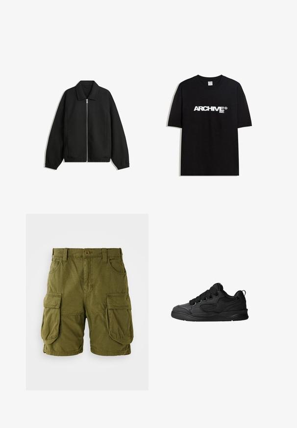 Black jacket made of textured fabric, featuring a full front zip, collar, and elastic cuffs with a relaxed fit and side pockets.; Black cotton T-shirt featuring a white "ARCHIVE inc." logo across the chest, short sleeves, and a crew neckline.; Olive green cargo shorts made of cotton blend. Features two large side pockets and a button closure with belt loops. Smooth texture.; Black sneakers with a textured upper, featuring laces, mesh accents for breathability, padded collar, and a sturdy outsole.