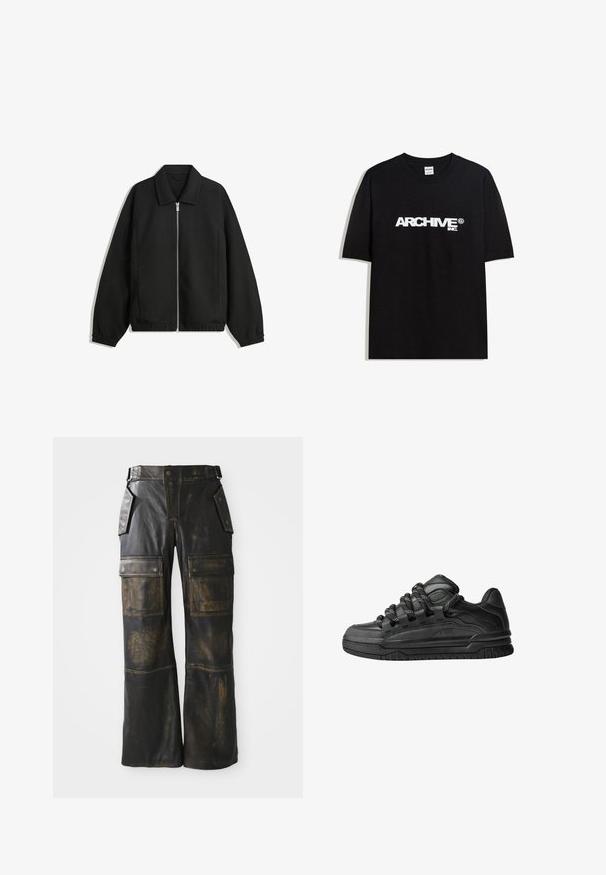 Črna jakna iz teksturirane tkanine, z dvostranskim zadrgo spredaj, ovratnikom in elastičnimi manšeti, sproščenega kroja in stranskimi žepi.; Črna bombažna majica s kratkimi rokavi z belim logotipom "ARCHIVE inc." čez prsa in okroglo ovratnikom.; Kovinske cargo hlače iz črne usnje z obrabljenim videzom, ki imajo velike stranske žepe, visok pas in kontrastno šivanje po šivih.; Črne superge z gladkim usnjenim zgornjim delom, teksturiranimi detajli in okroglimi črnimi ter belimi vezalkami. Debel gumijast podplat z vzorčastim profilom.