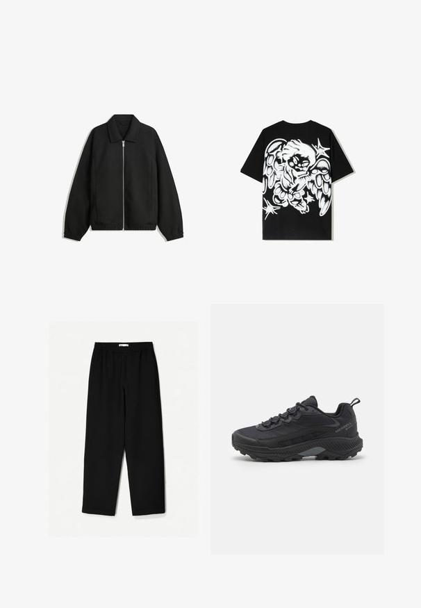 Jachetă neagră dintr-un material texturat, cu fermoar frontal complet, guler și manșete elastice, având o croială lejeră și buzunare laterale.; Tricou din bumbac negru, cu un design mare de înger în stil graffiti alb pe spate, având aripi detaliate și accente de stele.; Pantaloni negri, largi, confecționați dintr-un material ușor. Au o talie elastică și o textură netedă. Fără modele vizibile sau accesorii metalice.; Pantof diversiv cu talpă neagră, cu superior din plasă texturată, vârf întărit din cauciuc și talpă robustă. Accente reflective și design de călcâi suportiv.