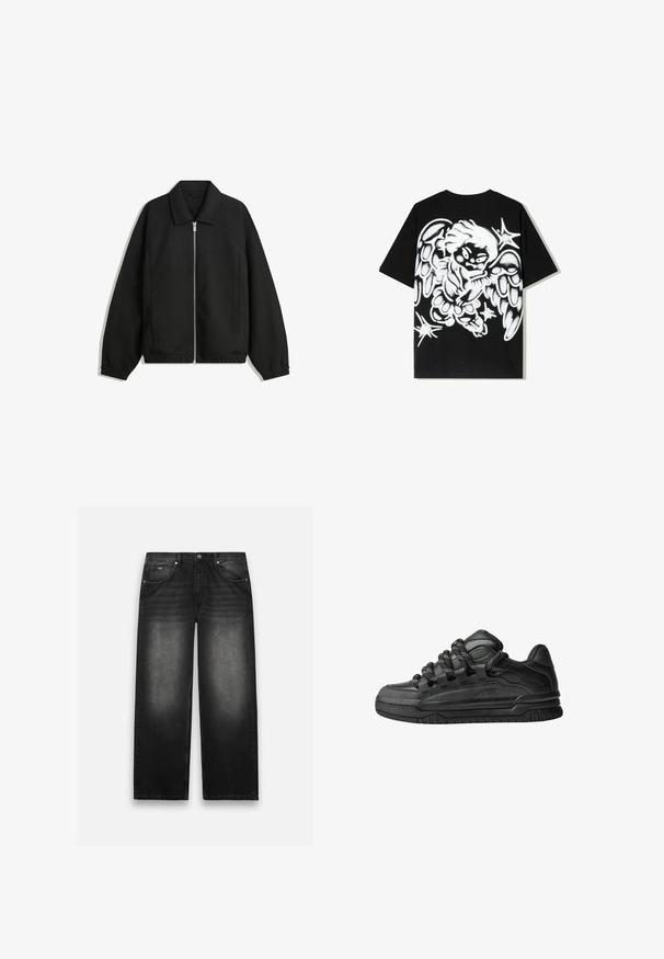 Crna jakna izrađena od teksturirane tkanine, s punim prednjim zatvaračem, ovratnikom i elastičnim manžetama, opuštenog kroja i bočnim džepovima.; Crna pamučna majica s velikim bijelim grafitnim dizajnom anđela na leđima, s detaljnim krilima i zvjezdastim naglascima.; Crne traperice sa širokim nogavicama. Ima pet džepova, blago izblijedjele i čvrsto šivane. Zatvaranje na gumb i munje.; Crne tenisice s glatkom kožnom gornjom površinom, teksturiranim detaljima i okruglim crnim i bijelim vezicama. Debeli gumeni potplat s uzorkom.