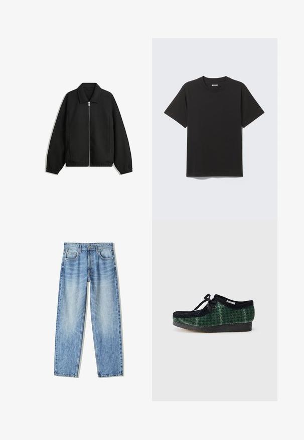 Černá bunda vyrobená z texturované látky, s plným předním zipem, límcem a elastickými manžetami, s volným střihem a bočními kapsami.; Černé tričko s krátkým rukávem z měkké bavlny, s kulatým výstřihem a jednoduchým designem bez vzorů či akcentů.; Světle modré džíny z denimu s volným střihem, rovnými nohavicemi, pěti kapsami a bledým vzhledem. Obsahují přední zapínání na knoflík a zip.; Zelené a černé vzorované boty s nubukovým svrškem, kulatou špičkou, šňůrkami a texturovanou gumovou podrážkou.