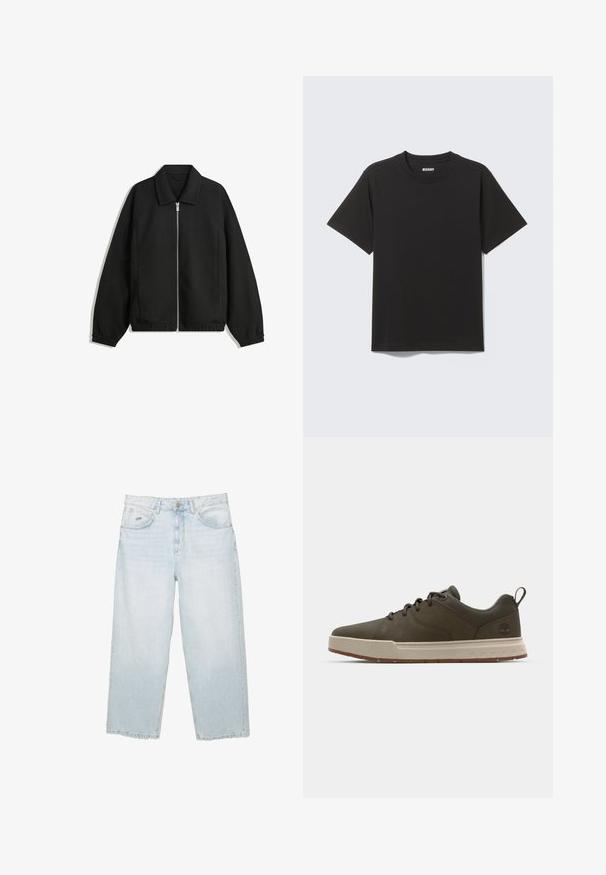Černá bunda vyrobená z texturované látky, s plným předním zipem, límcem a elastickými manžetami, s volným střihem a bočními kapsami.; Černé tričko s krátkým rukávem z měkké bavlny, s kulatým výstřihem a jednoduchým designem bez vzorů či akcentů.; Světle modré džíny s vysokým pasem a rovnými nohavicemi, předním knoflíkem, kapsami a malou kovovou značenou visačkou na pravé přední kapse.; Tmavě zelené tenisky s hladkým svrškem, světle béžovou mezipodešví a gumovou podrážkou. Mají zaoblenou špičku a minimální branding na patě.
