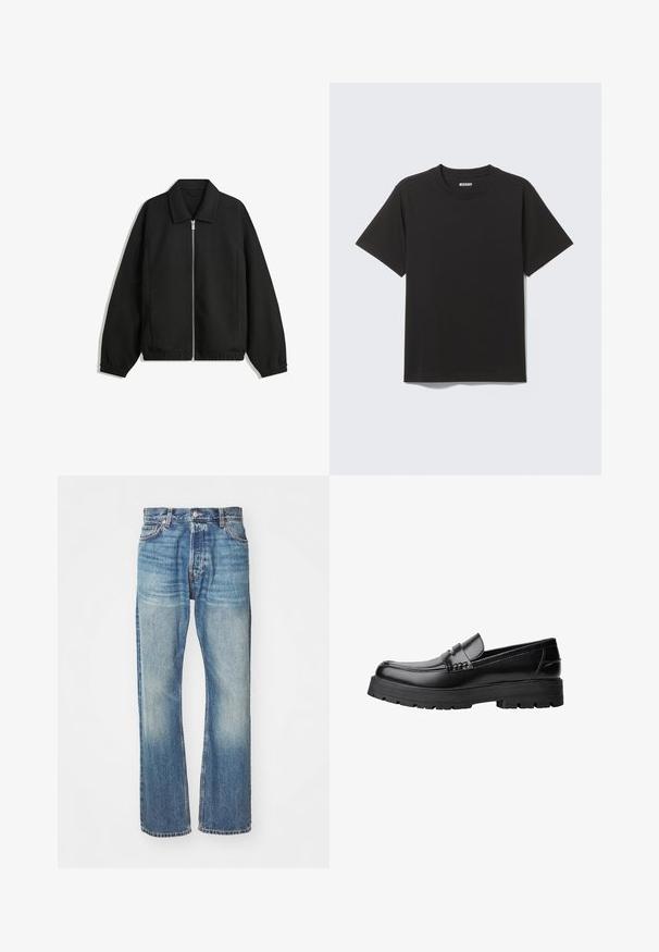 Črna jakna iz teksturirane tkanine, z dvostranskim zadrgo spredaj, ovratnikom in elastičnimi manšeti, sproščenega kroja in stranskimi žepi.; Črna kratka majica iz mehke bombažne tkanine, z okroglim izrezom in preprostim dizajnom brez vzorcev ali poudarkov.; Svetlo modri kavbojke z klasičnim ravnim krojem, zbledelim zaključkom in vidno šivom po celotni površini. Imajo sprednje žepe in zanke za pas.; Črne usnjene loafersice s debelim profiliranim podplatom in dekorativnim pasom čez zgornji del, prikazane v levem stranskem profilu na beli podlagi.