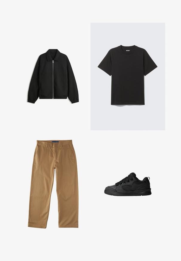 Černá bunda vyrobená z texturované látky, s plným předním zipem, límcem a elastickými manžetami, s volným střihem a bočními kapsami.; Černé tričko s krátkým rukávem z měkké bavlny, s kulatým výstřihem a jednoduchým designem bez vzorů či akcentů.; Béžové bavlněné chinos kalhoty s rovným střihem, které mají dvě přední kapsy, jednu zadní kapsu a zapínání na knoflík. Hladká textura.; Černé tenisky s texturovaným svrškem, obsahující šněrování, síťované detaily pro prodyšnost, polstrovaný límec a pevnou podrážku.