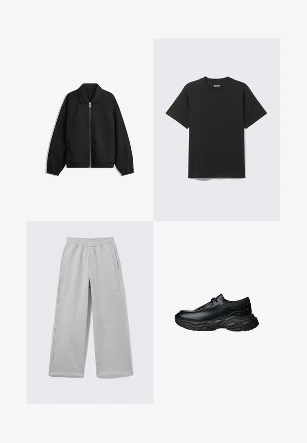 Sort jakke lavet af struktureret stof, med fuld frontlynlås, krave og elastiske mansjetter, i en afslappet pasform og sidelommer.; Sort T-shirt med korte ærmer lavet af blød bomuld, med rund halsudskæring og enkelt design uden mønstre eller accenter.; Lysegrå bomulds joggingbukser med elastisk taljebånd, to sidelommer og bredt ben design. Blød tekstur og enkle syningsdetaljer.; Sorte læder slip-on sko med rund tå og tykk tekstureret gummisål. Har diskret syninger og elastiske detaljer ved kraven.