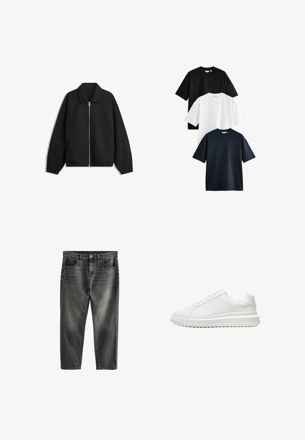 Schwarze Jacke aus strukturiertem Stoff, mit vollem Reißverschluss auf der Vorderseite, Kragen und elastischen Manschetten, im entspannten Schnitt und mit seitlichen Taschen.; Drei kurzärmlige T-Shirts übereinander gestapelt: eines in Schwarz, eines in Weiß und eines in Marineblau. Hergestellt aus Baumwolle mit Rundhals und lockerer Passform.; Dunkelgraue Jeans aus Denim mit entspanntem Schnitt, fünf Taschen, dezentem Verblassen und kontrastierender Naht. Metallknopf und Reißverschluss.; Weißer Sneaker mit einem glatten synthetischen Obermaterial, runder Spitze, flachen Schnürsenkeln, strukturiertem Sohlen und einem geschichteten, Plattform-Design für zusätzlichen Halt.