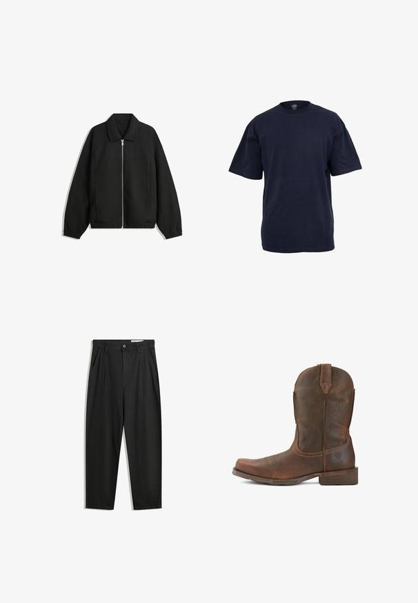 Giacca nera in tessuto texturizzato, con zip frontale a tutta lunghezza, colletto e polsini elasticizzati, dalla vestibilità rilassata e con tasche laterali.; T-shirt in cotone blu navy con maniche corte, scollatura a girocollo e vestibilità rilassata. Tessuto liscio, senza motivi o dettagli visibili.; Pantaloni in cotone neri con una vestibilità rilassata, dotati di una vita classica, pieghe frontali e tasche laterali. Tessuto liscio senza fantasie.; Ariat WESTERN RAMBLER - Stivaletti texani / biker - wicker