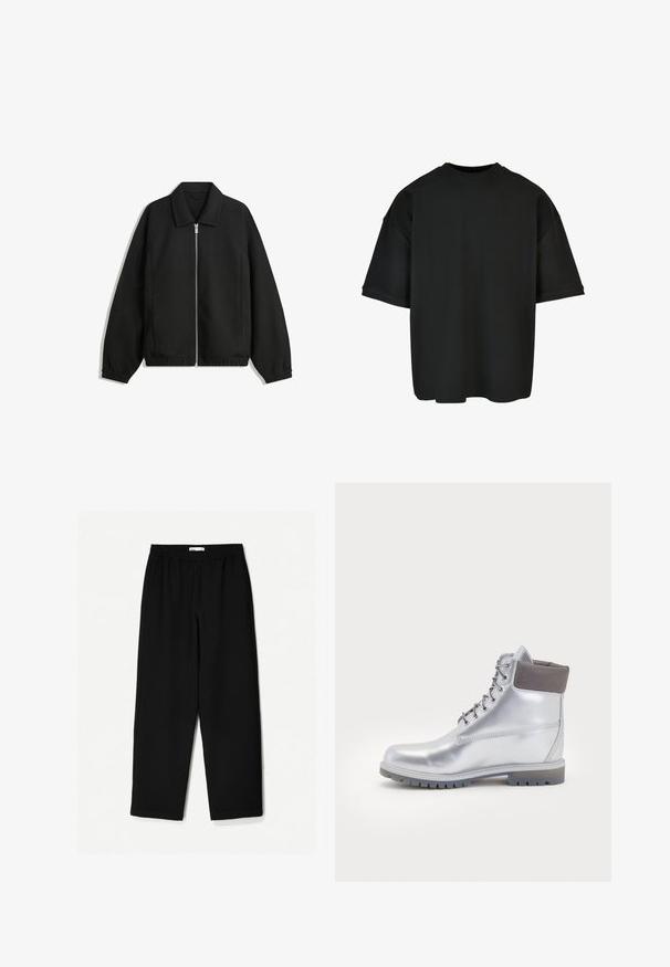 Giacca nera in tessuto texturizzato, con zip frontale a tutta lunghezza, colletto e polsini elasticizzati, dalla vestibilità rilassata e con tasche laterali.; T-shirt nera oversize realizzata in tessuto a costine. Collo rotondo, maniche corte e vestibilità rilassata con orlo dritto. Design semplice e versatile.; Pantaloni neri a gamba larga realizzati in un tessuto leggero. Presentano una vita elasticizzata e una texture liscia. Senza motivi visibili o accessori.; Timberland VENEDA CARTER 6 INCH BOOT - Stivaletti stringati - silver-coloured