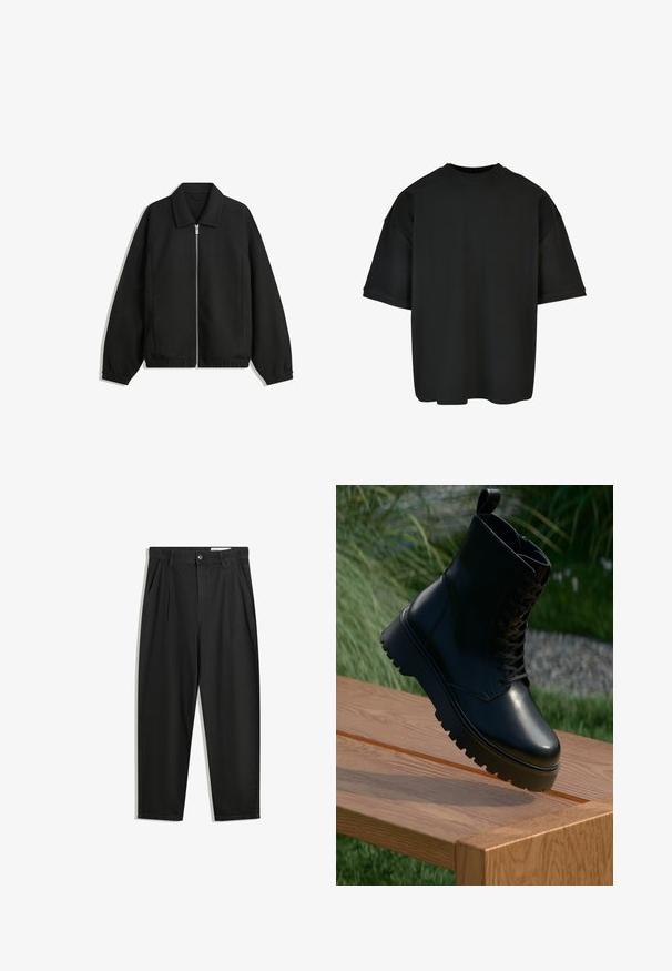 Fekete kabát texturált anyagból, teljes elöl cipzárral, gallérral és rugalmas mandzsettákkal, laza szabással és oldalsó zsebekkel.; Fekete, túlméretezett póló bordázott anyagból. Kerek nyakkivágás, rövid ujjú, laza szabású, egyenes alsó résszel. Egyszerű és sokoldalú dizájn.; Fekete pamut nadrág laza szabással, klasszikus derékrésszel, elülső hajtásokkal és oldalsó zsebekkel. Simább textúra minta nélkül.; Fekete bőr bokacsizma texturált felülettel, fűzős elejével és vaskos, bordázott talpával. Fából készült felületen, fű háttérrel kiemelve.